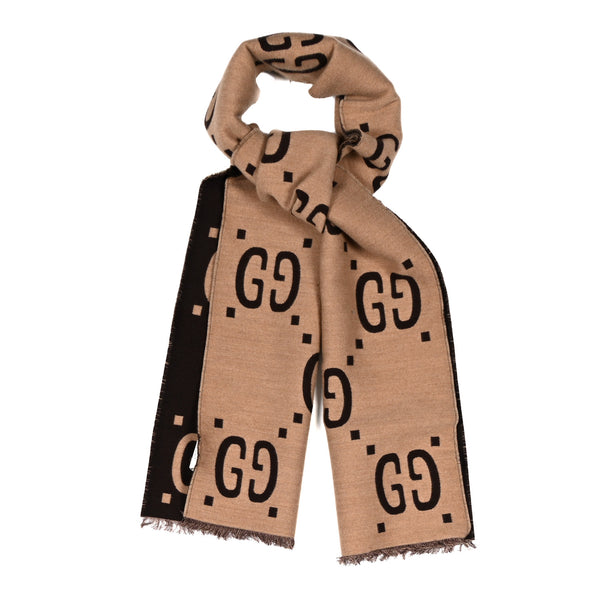 GUCCI GGロゴ マフラー ベージュ/ブラウン Gucci Wool Silk Monogram Jumbo GG Freedom Scarf Dark Brown Beige