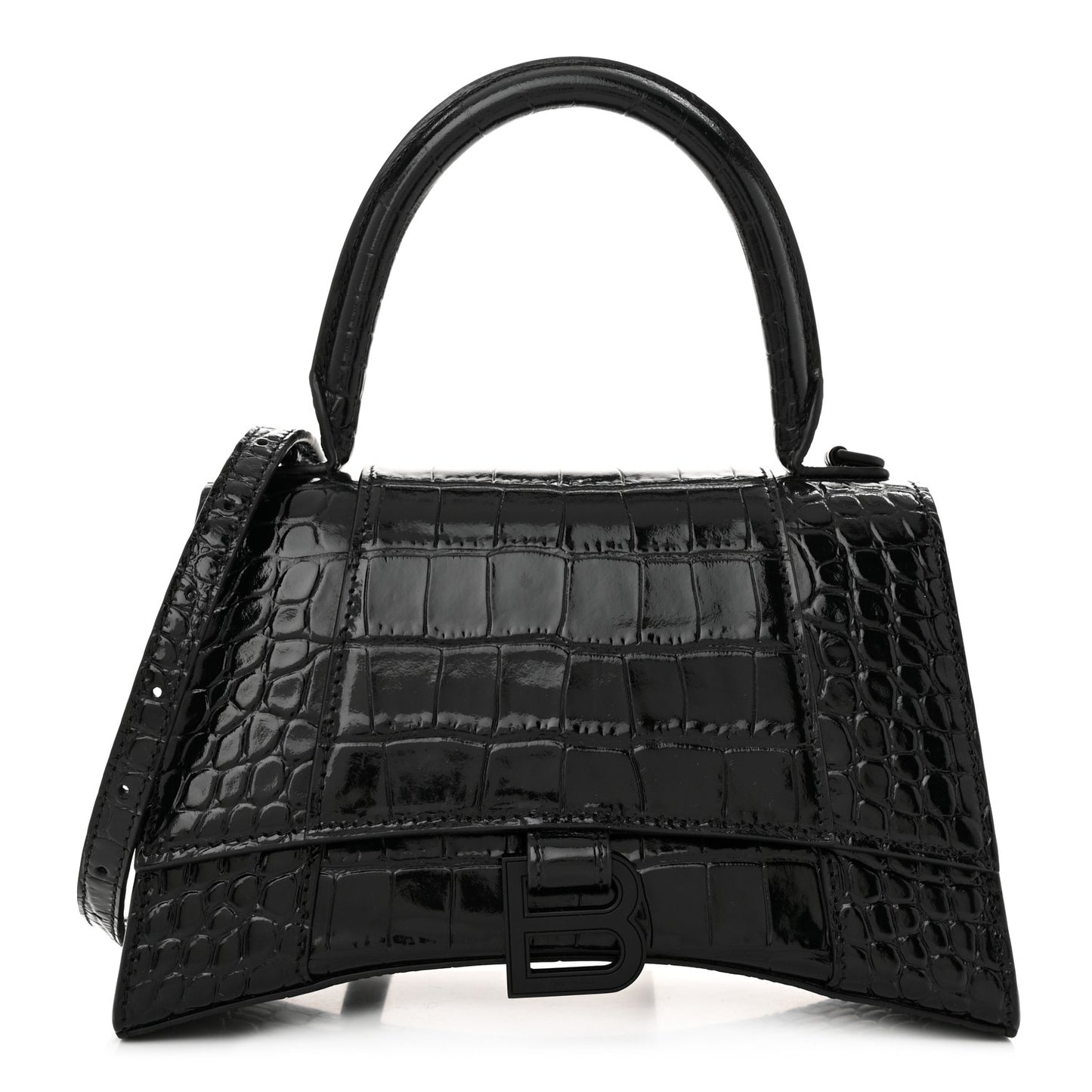 Shiny Calfskin Monochrome Crocodile Embossed Small Hourglass Top Handle Bag Black