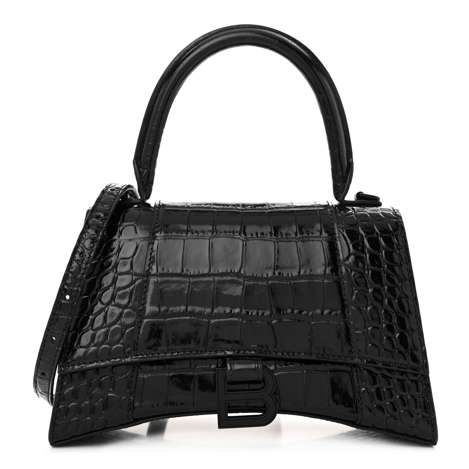 Balenciaga Shiny Calfskin Monochrome Crocodile Embossed Small Hourglass Top Handle Bag Black 1 of 10