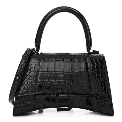 Balenciaga Shiny Calfskin Monochrome Crocodile Embossed Small Hourglass Top Handle Bag Black 1 of 10