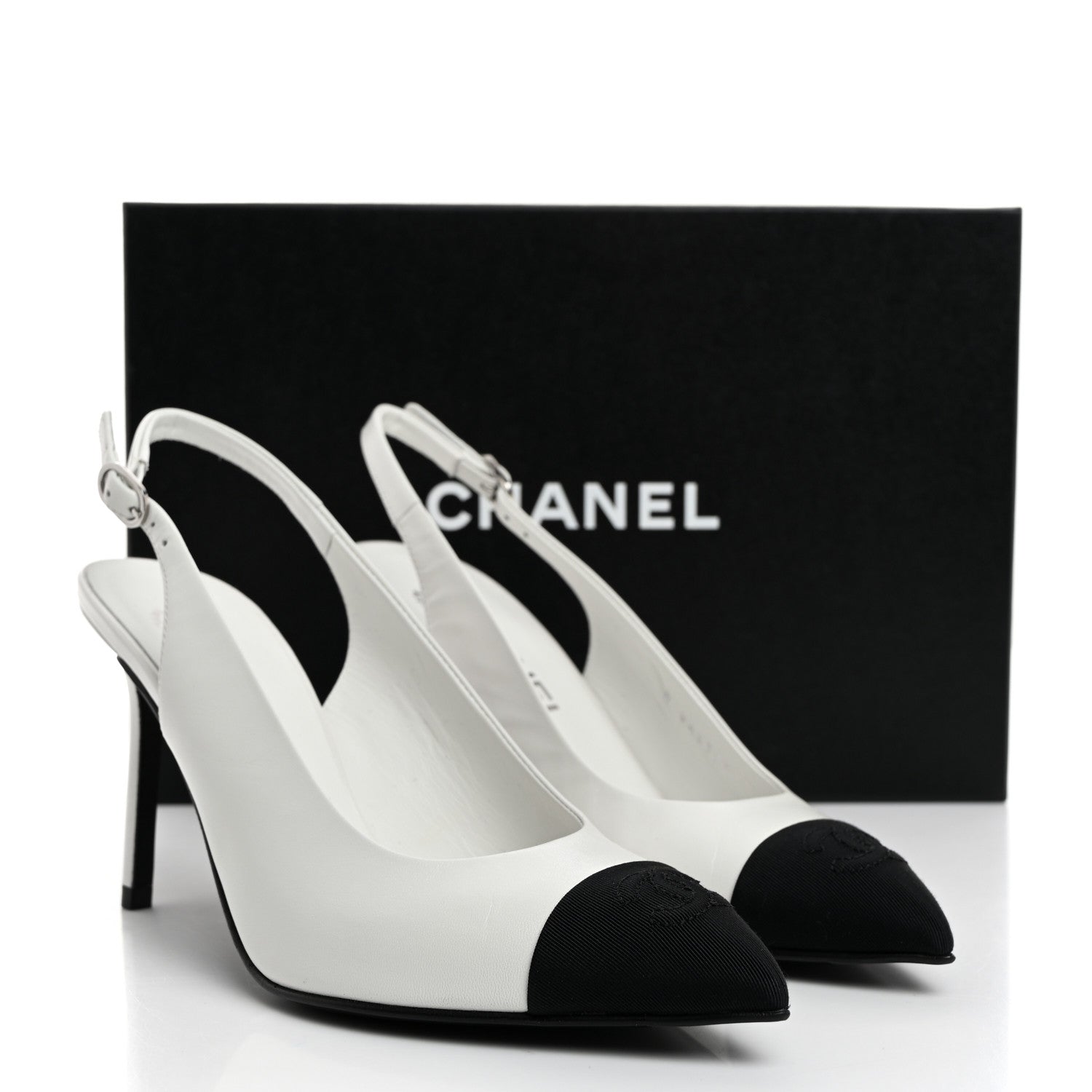 Chanel Goatskin Grosgrain Pointed Cap Toe CC Slingback Pumps 36.5 White Black 9 of 9