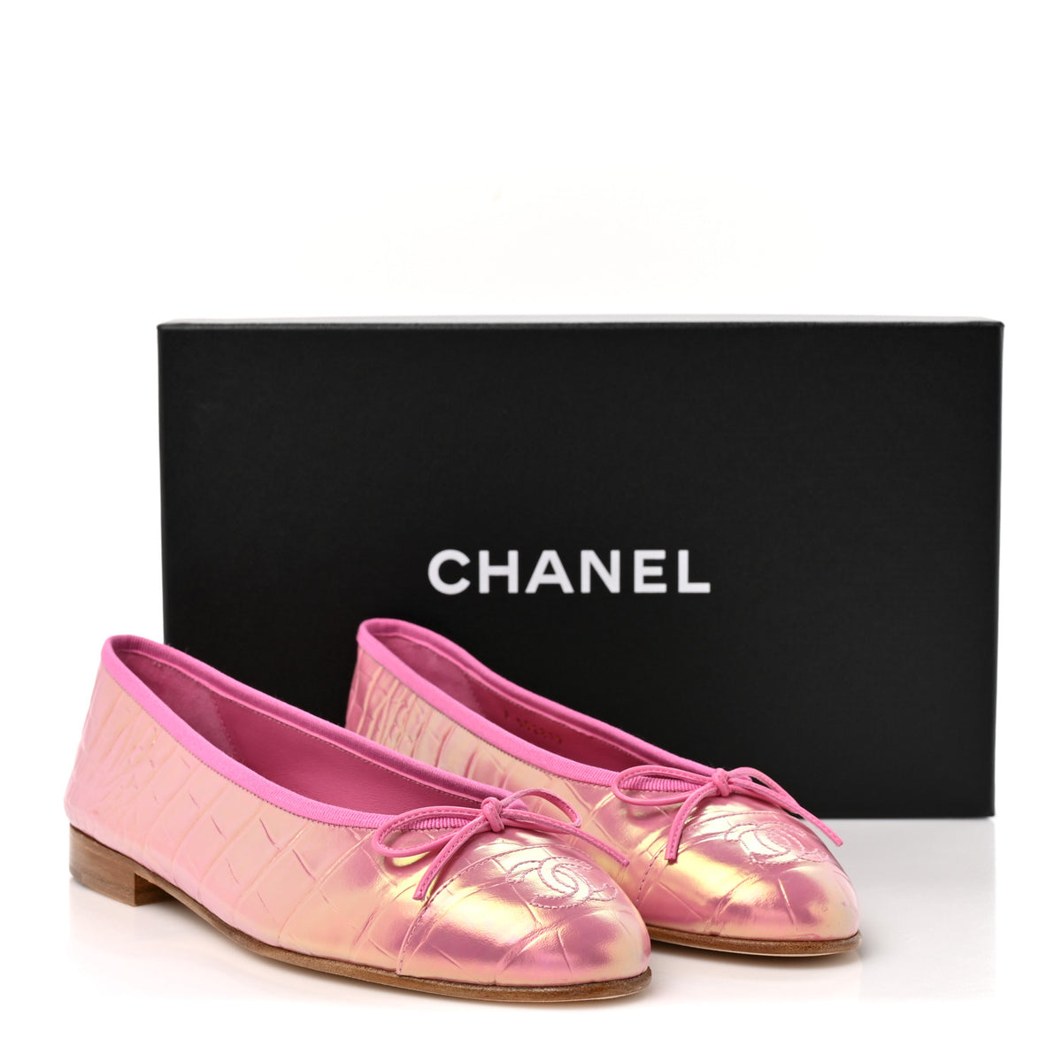 Iridescent Calfskin Crocodile Embossed Ballerina Flats 36.5 Pink