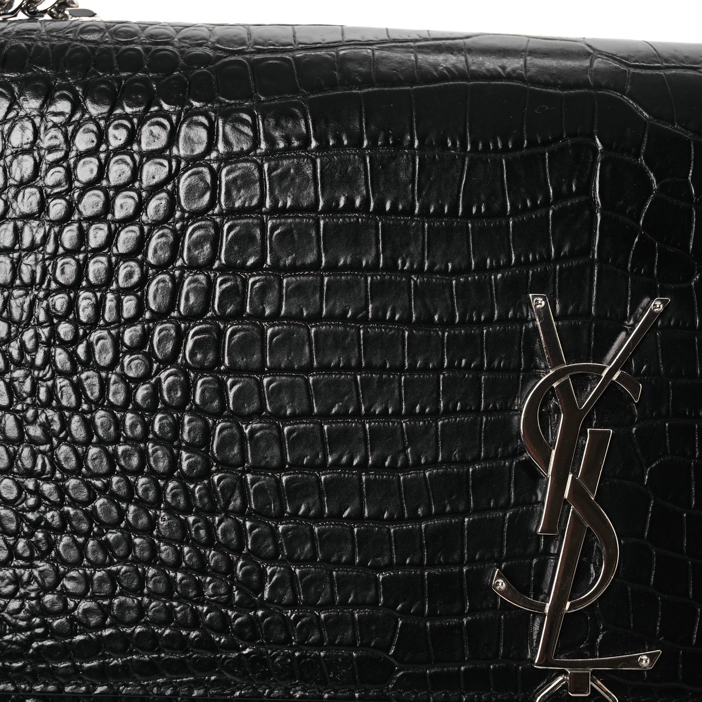 Calfskin Crocodile Embossed Medium Classic Monogram Kate Tassel Satchel Black