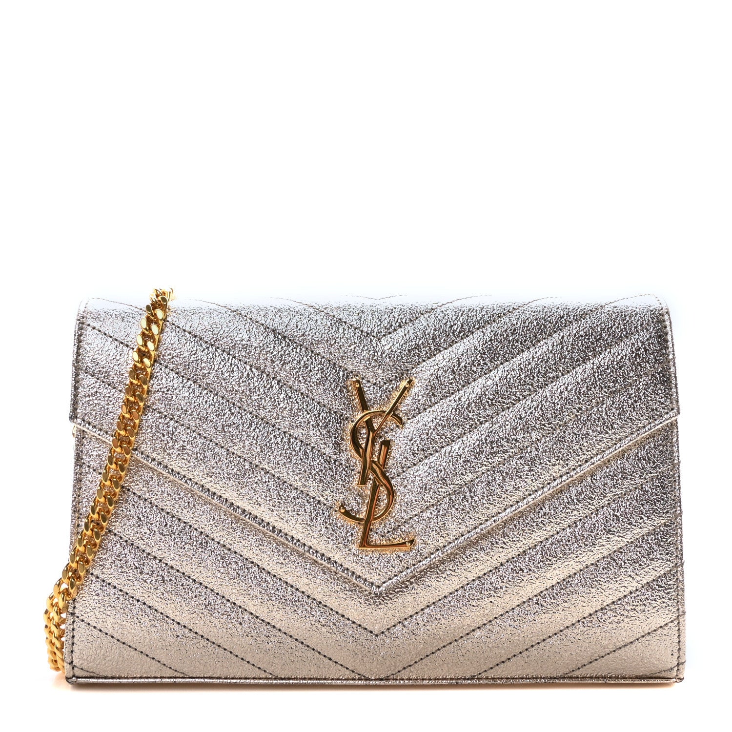 Saint Laurent Metallic Crackled Calfskin Matelasse Chevron Monogram Chain Wallet Gold 1 of 10