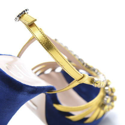 Gucci Velvet Nappa Crystal Zephyra Slingback Platform High Heel Sandals 36.5 Blue Gold 9 of 10