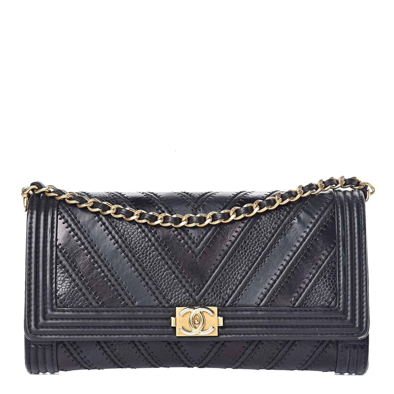 Chanel Calfskin Caviar Quilted Chevron Mixed Boy Wallet On Removable Chain Black 1 of 14