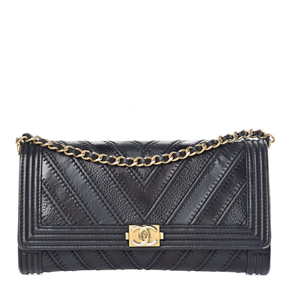 Chanel Calfskin Caviar Quilted Chevron Mixed Boy Wallet On Removable Chain Black 1 of 14