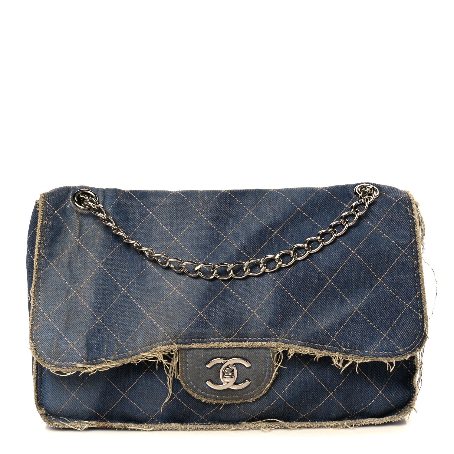 Chanel Denim Quilted Jumbo Pompom Flap Dark Blue 1 of 13