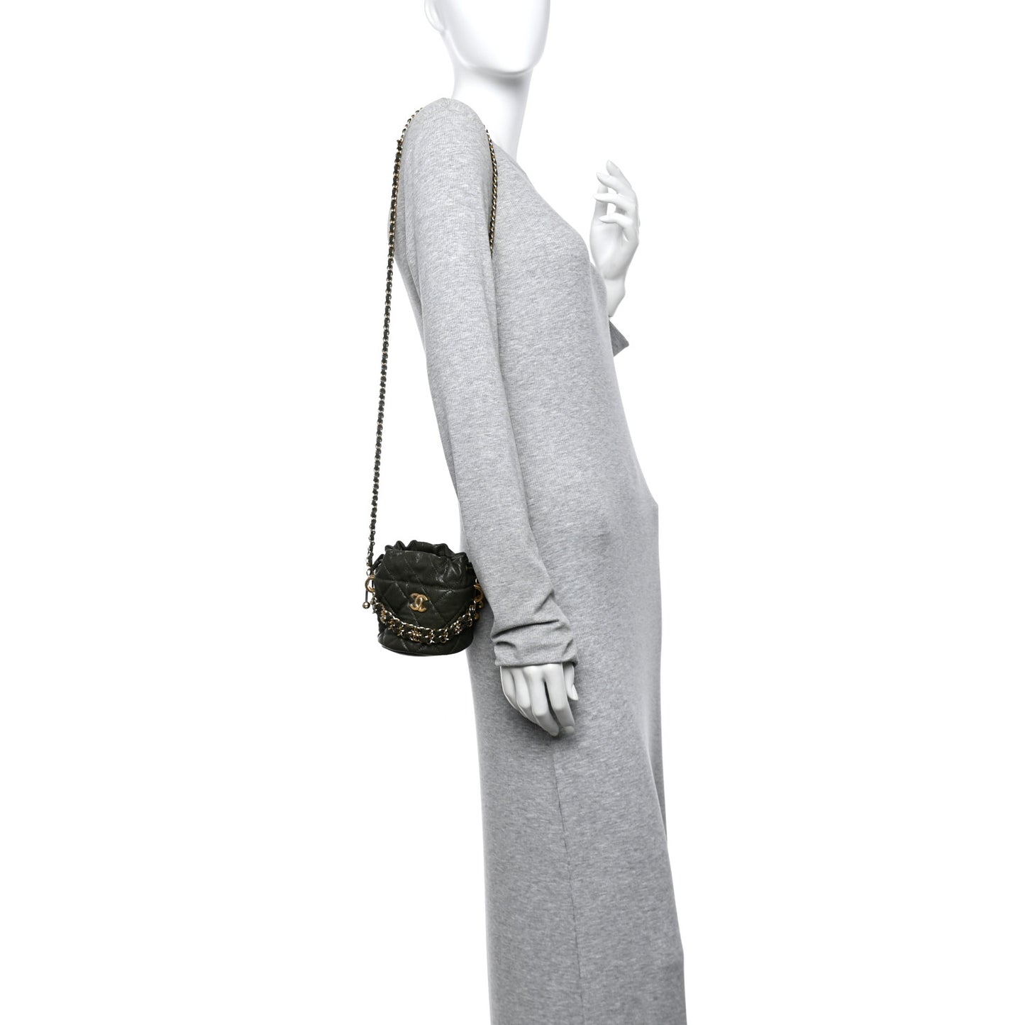 Caviar Quilted Coco First Bucket Clutch With Chain Khaki