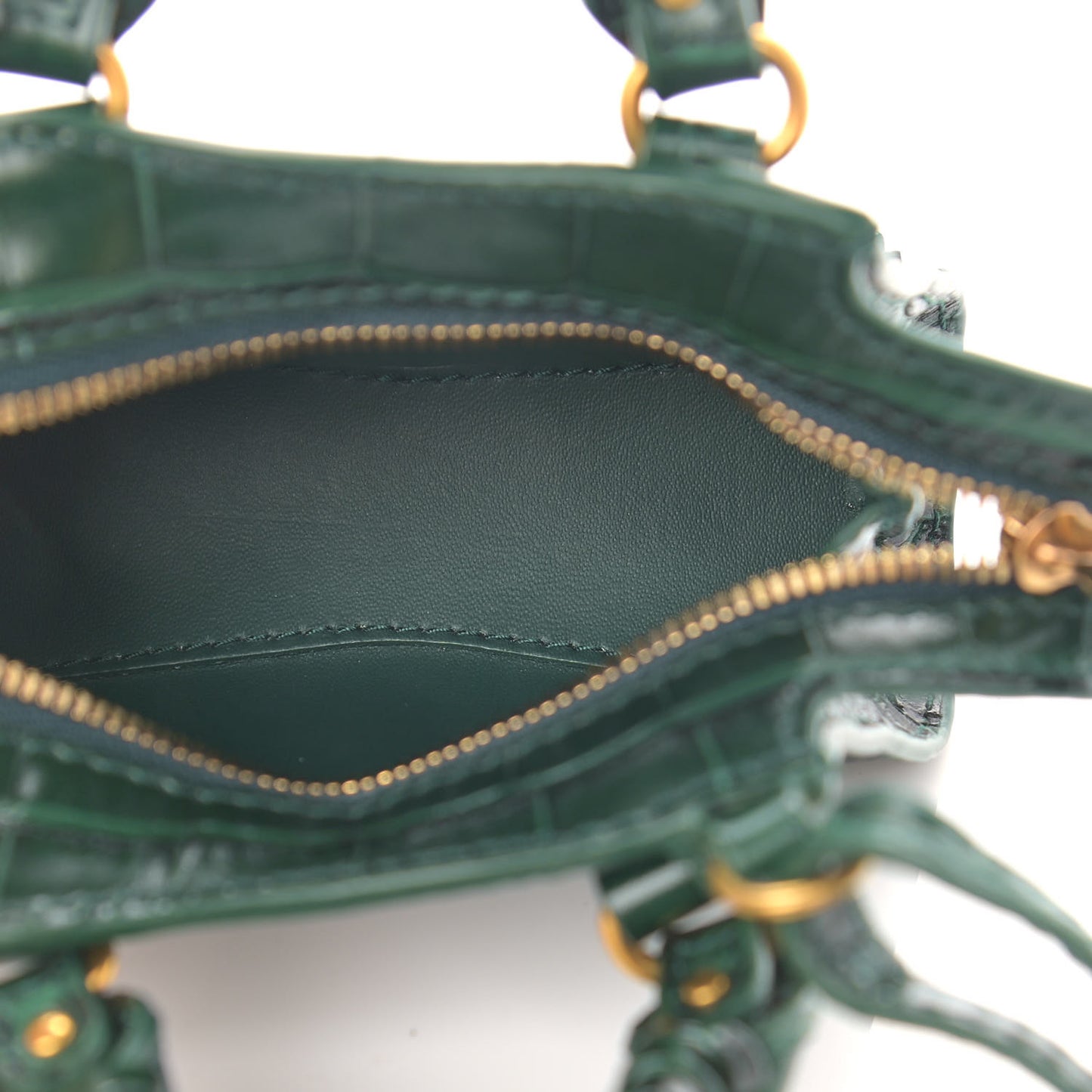 Shiny Supple Calfskin Crocodile Embossed Neo Classic Gold Hardware Super Nano City Crossbody Forest Green