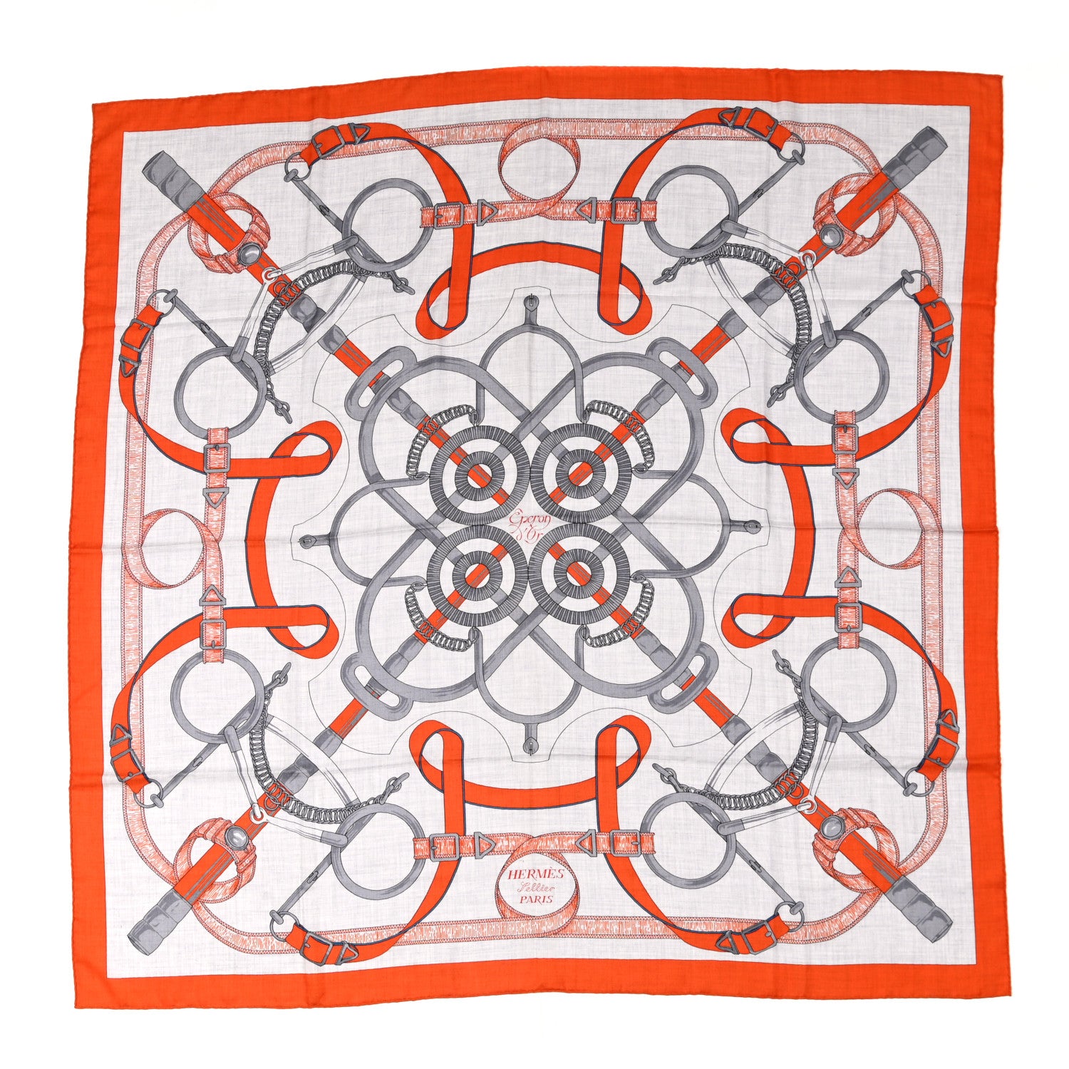 Hermes Cashmere Silk Eperon D'Or Shawl 140 Orange Gris Chine 1 of 6