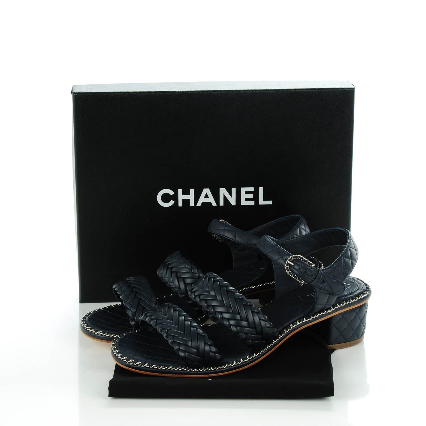 Calfskin Woven Chain Around CC Sandals 40.5 Navy Blue