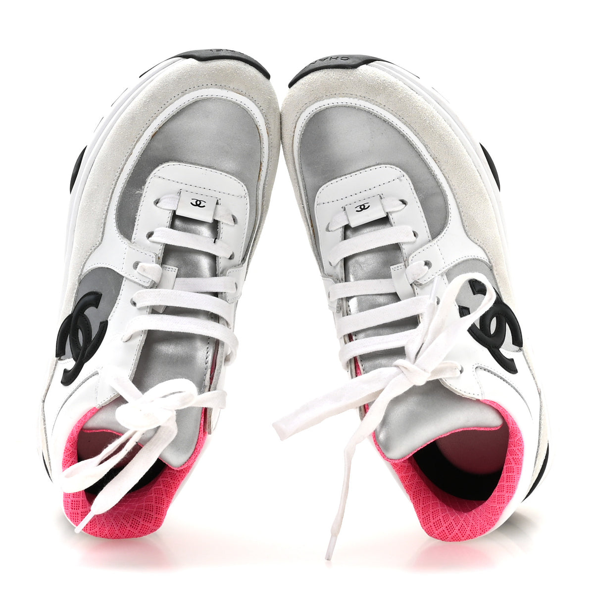 Calfskin Fabric Sneakers 37.5 White Silver Fluo Pink