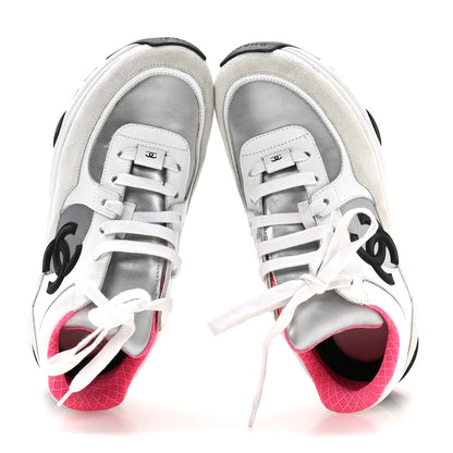 Chanel Calfskin Fabric Sneakers 37.5 White Silver Fluo Pink 2 of 7
