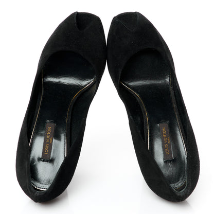 Louis Vuitton Suede Crystal Peep Toe Wedge 37 Black 5 of 8