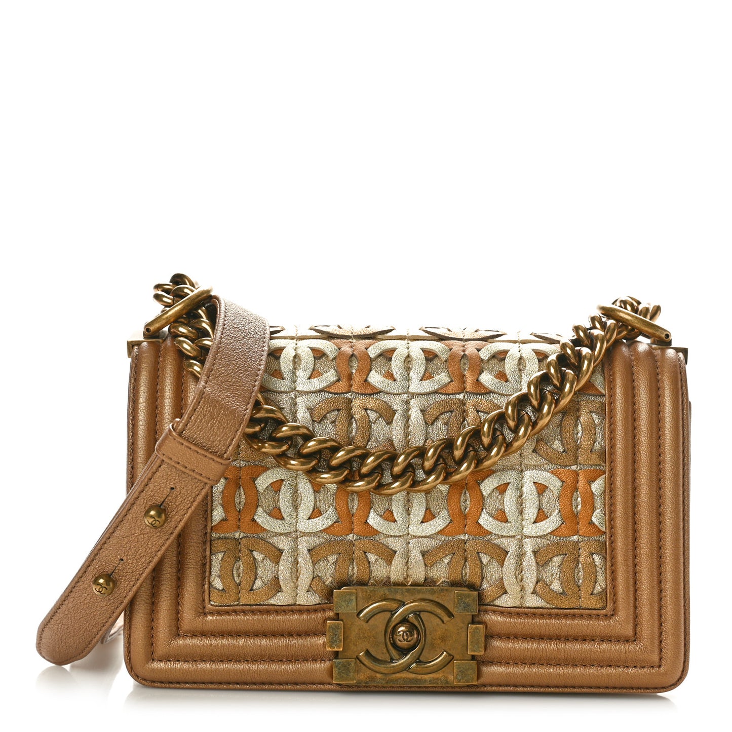 Metallic Lambskin Small Golden CC Boy Flap Dark Gold
