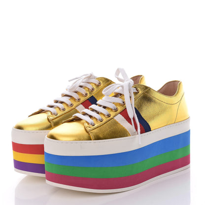 Gucci Metallic Nappa Sylvie Web Peggy Platform Sneakers 37.5 Oro Vecchio 3 of 12