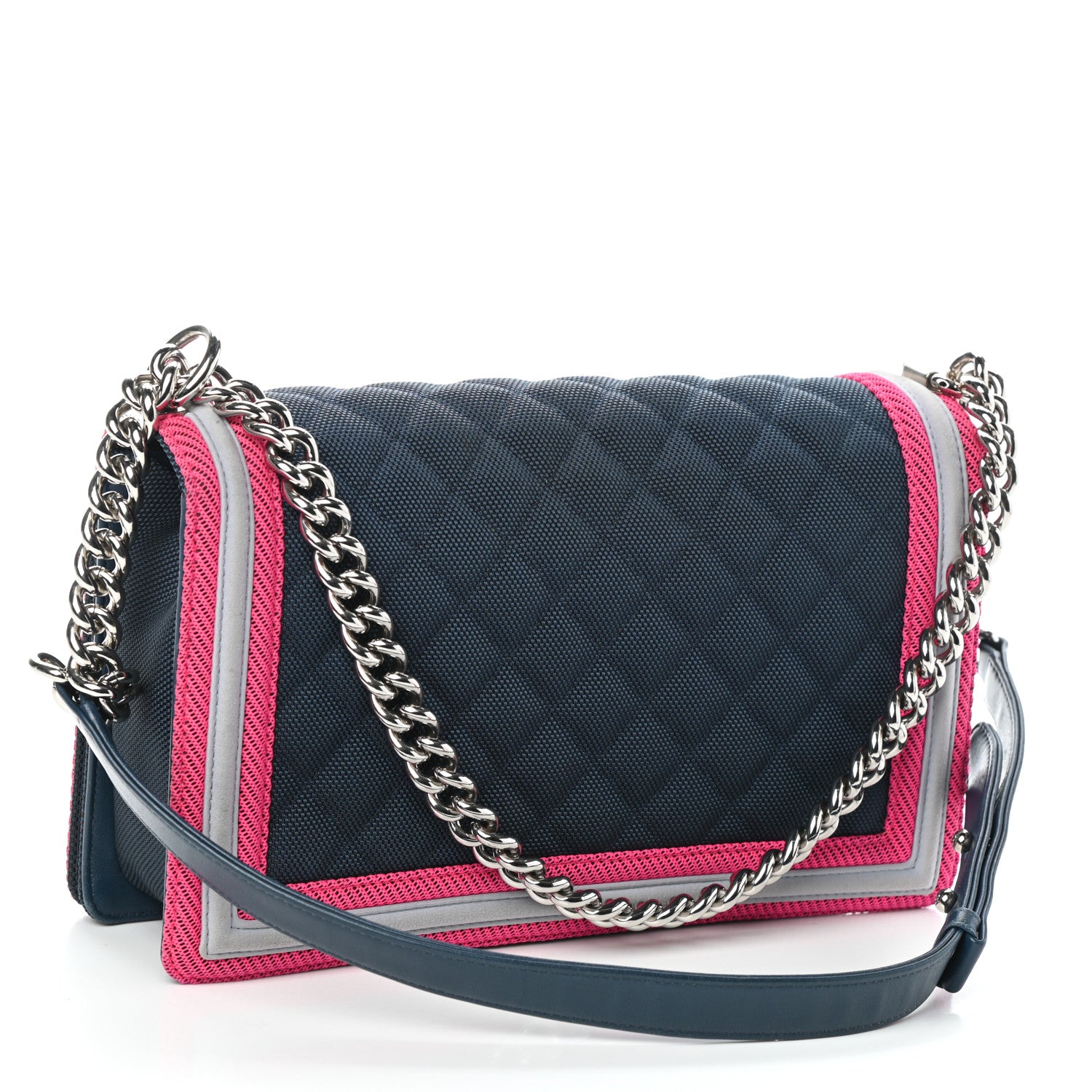 Chanel Canvas Quilted Medium Fluo Boy Flap Dark Navy Fuchsia Grey 3 of 10