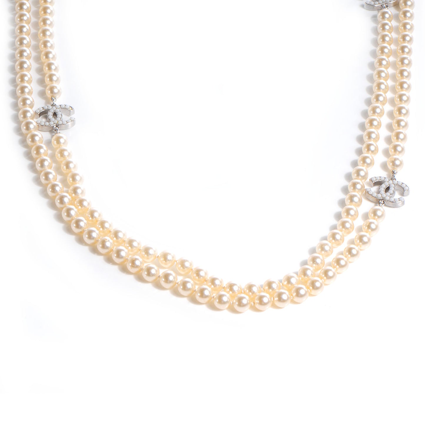 Pearl CC Long Strand Necklace Silver