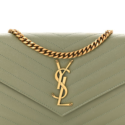 Saint Laurent Grain De Poudre Matelasse Chevron Monogram Chain Wallet Light Sage 7 of 9