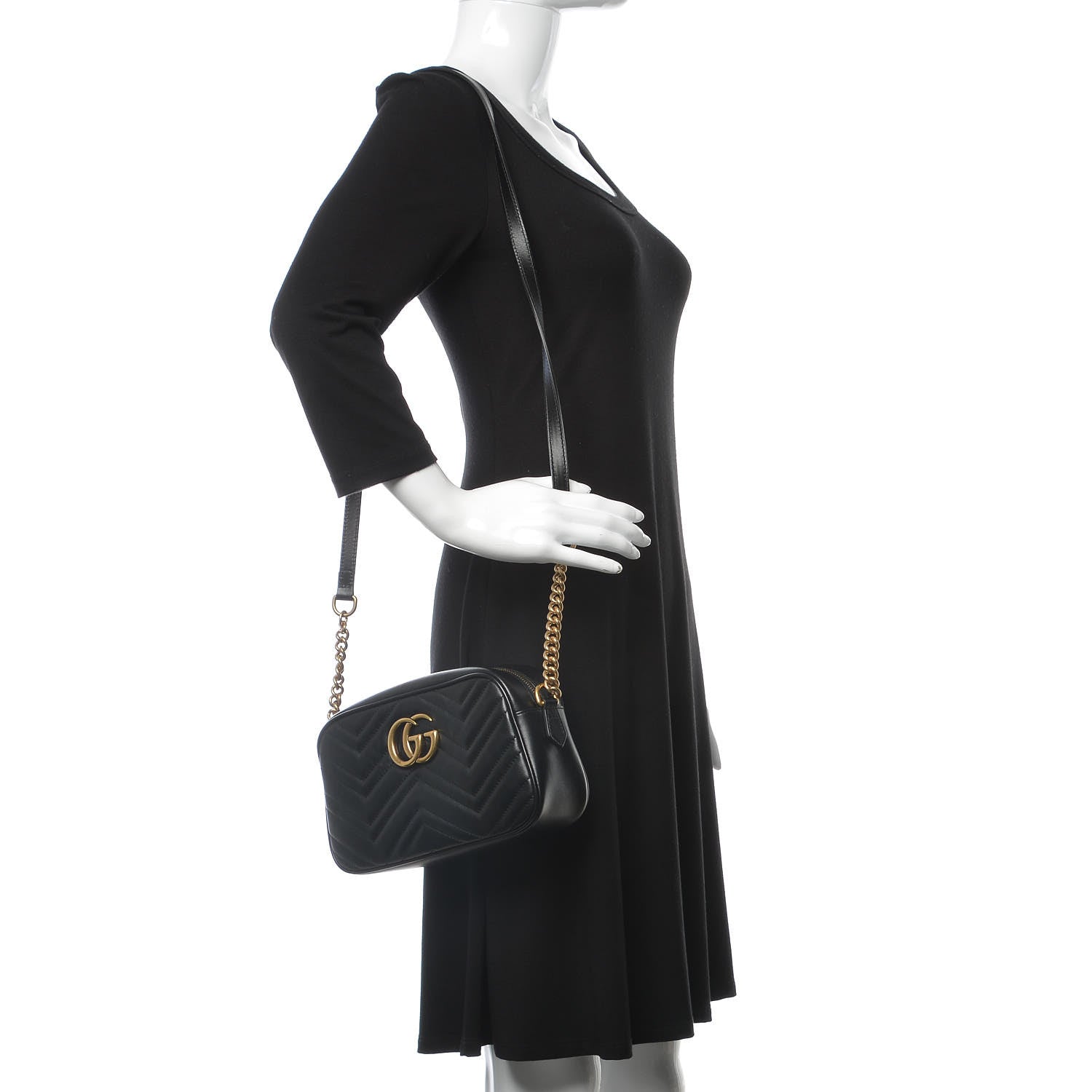 Gucci Calfskin Matelasse Small GG Marmont Chain Shoulder Bag Black 2 of 8