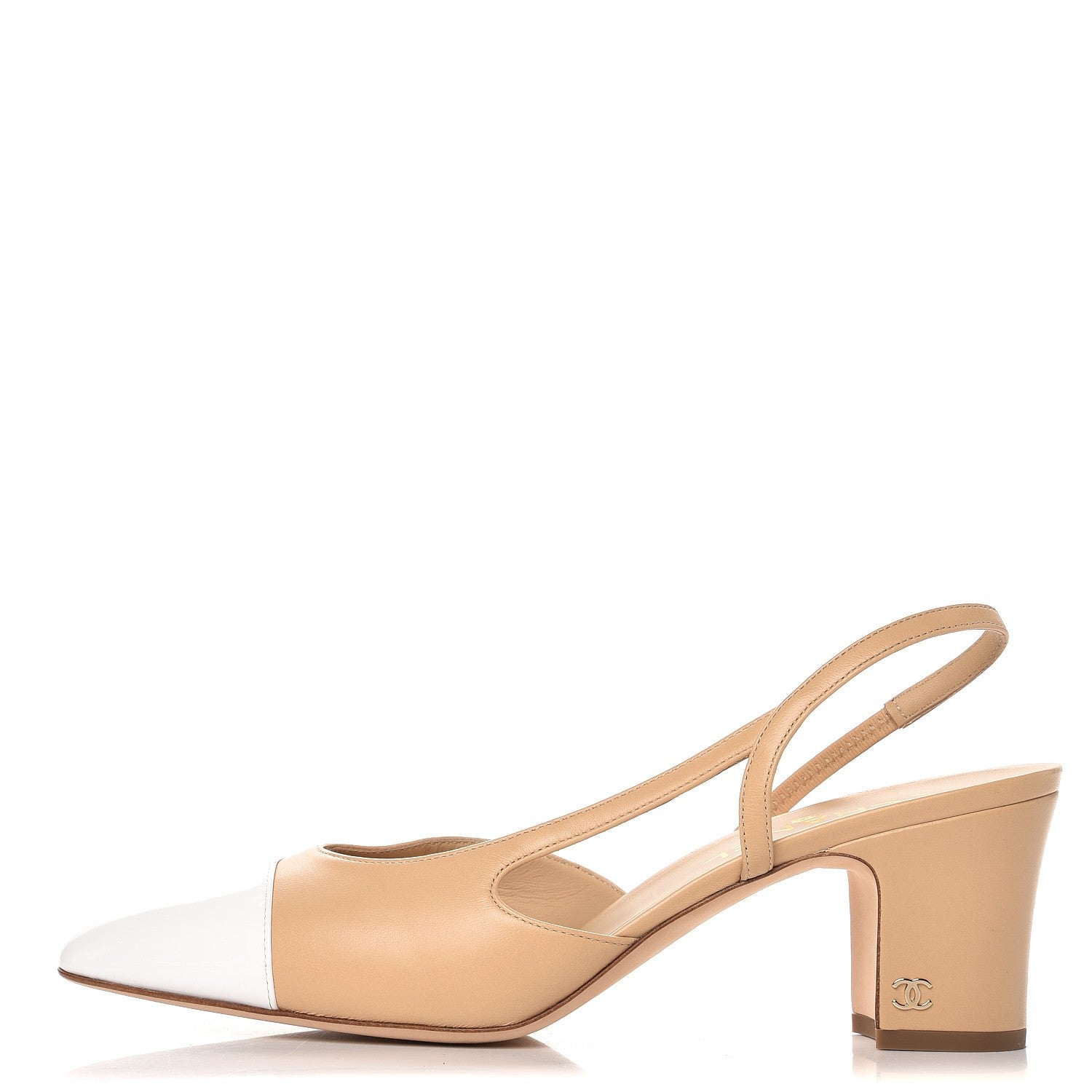 Chanel Lambskin Patent Cap Toe CC Slingback Sandals 41.5 Beige White 1 of 1