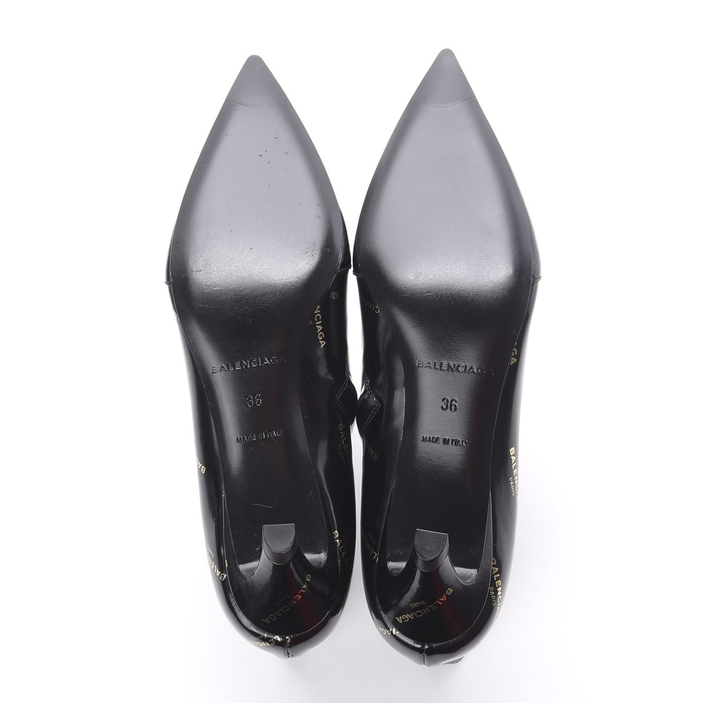 Patent Allover Logo Pointy Toe Ankle Booties 36 Black
