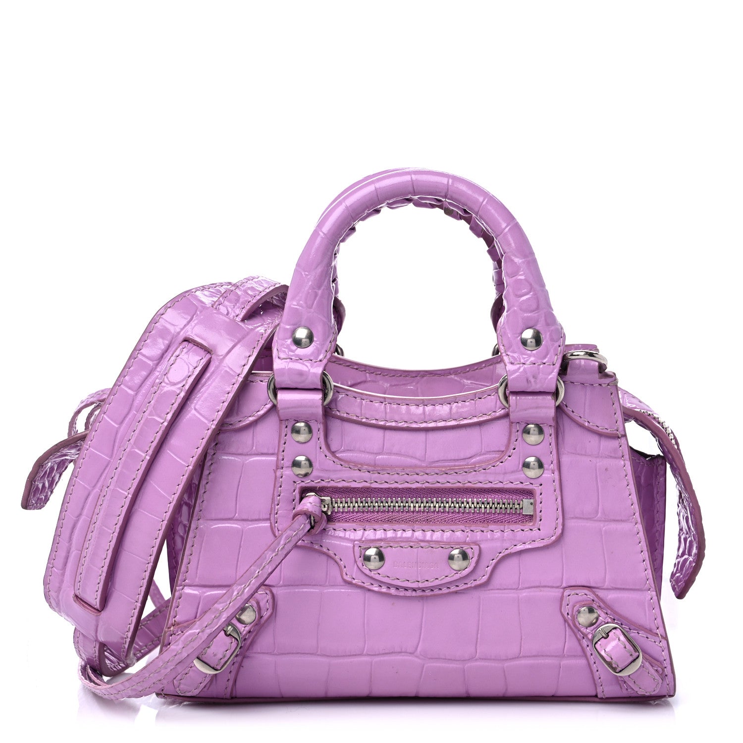 Balenciaga Calfskin Crocodile Embossed Neo Classic Silver Hardware Nano City Crossbody Lilac 1 of 14
