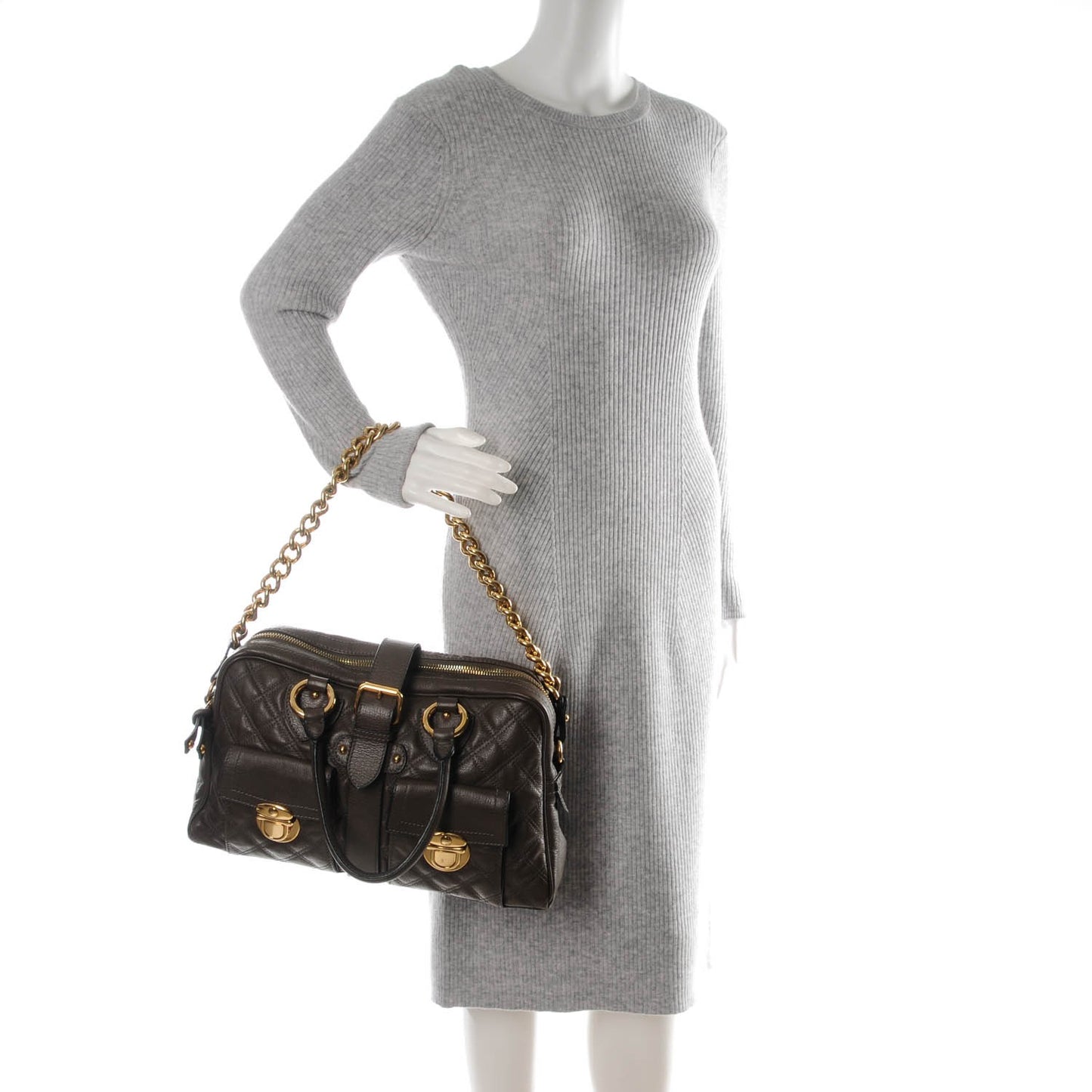 Lacquered Goatskin Quilted Venetia Satchel Grey