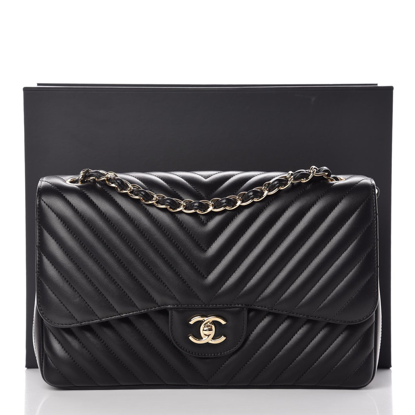 Lambskin Chevron Quilted Jumbo Double Flap Black