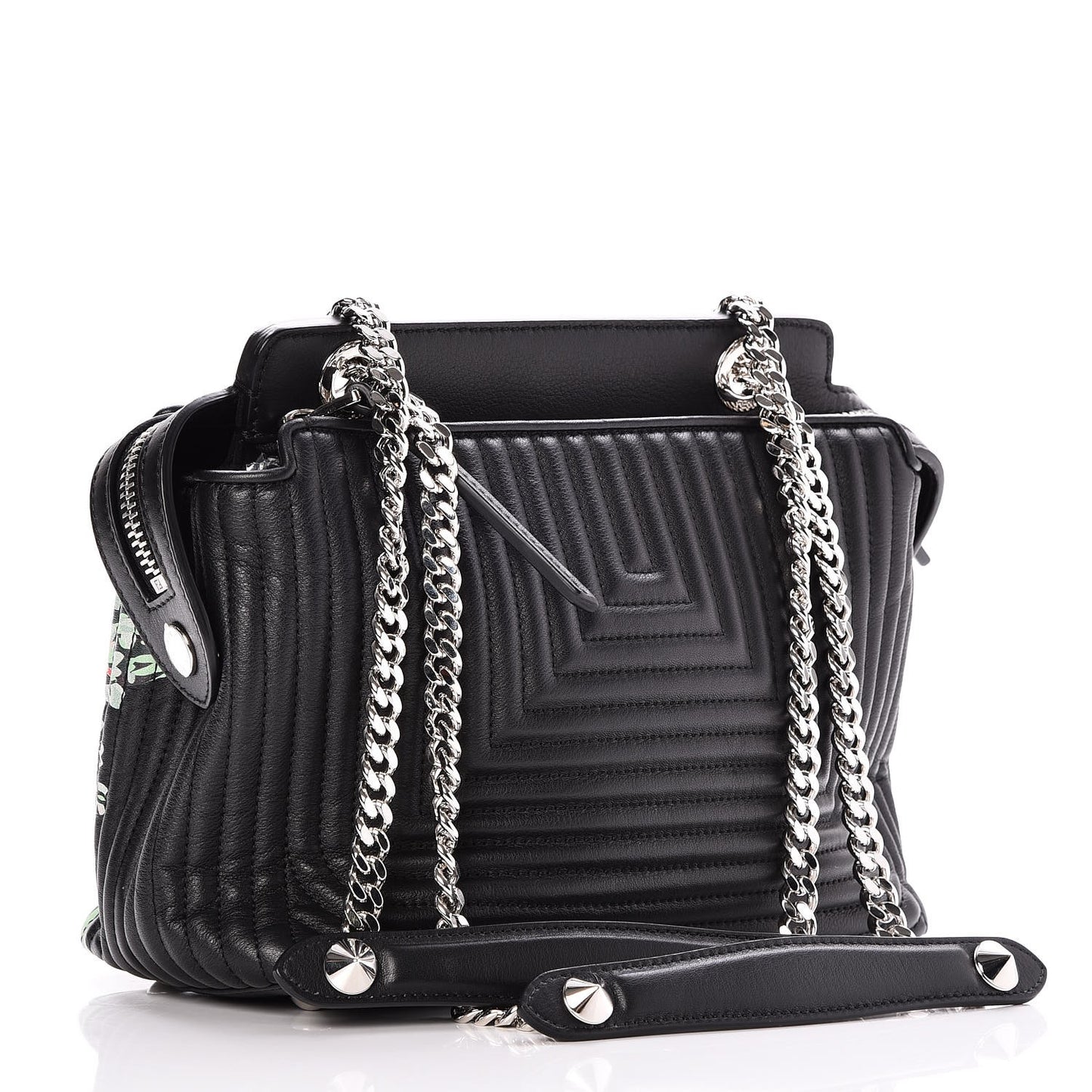 Calfskin Trapuntata Floral Small DotCom Click Chain Satchel Black Multicolor