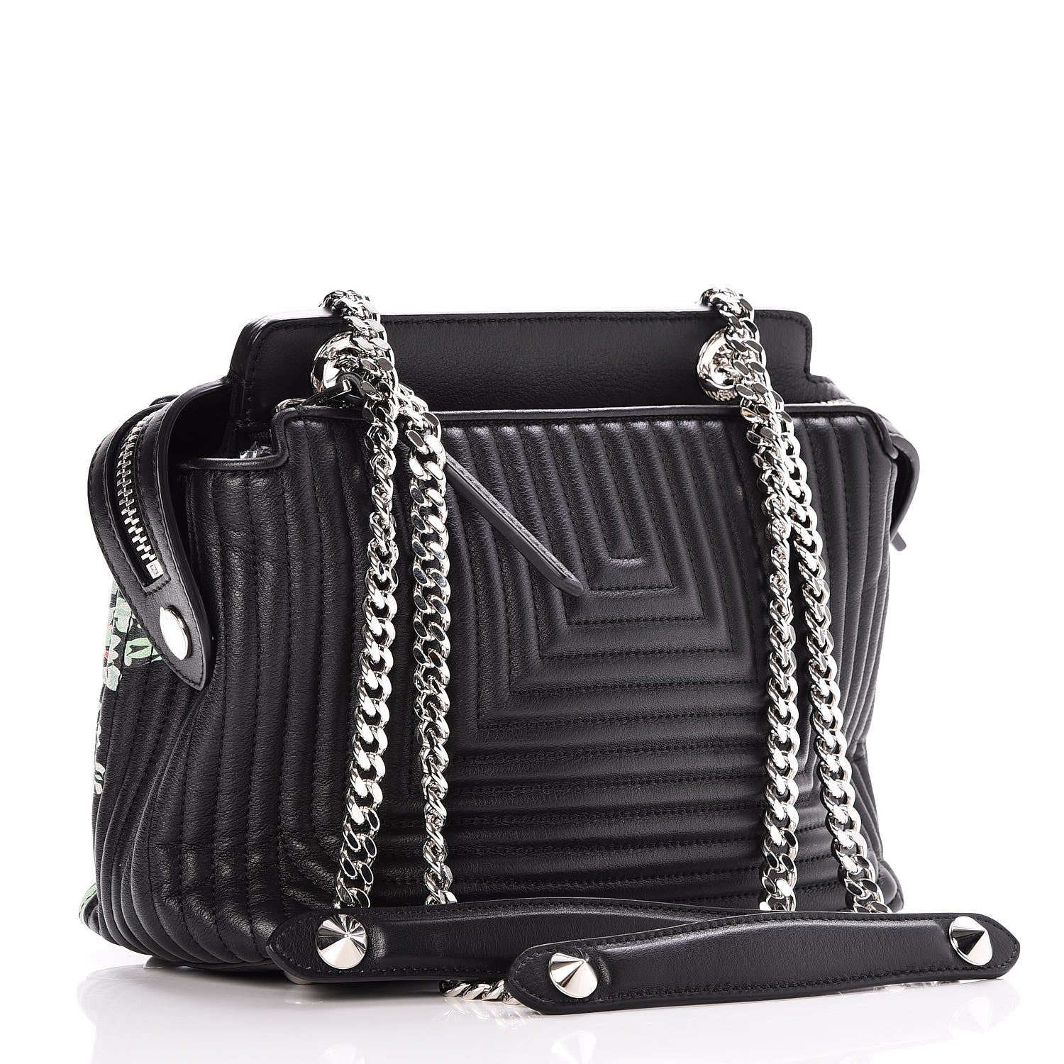 Fendi Calfskin Trapuntata Floral Small DotCom Click Chain Satchel Black Multicolor 4 of 8