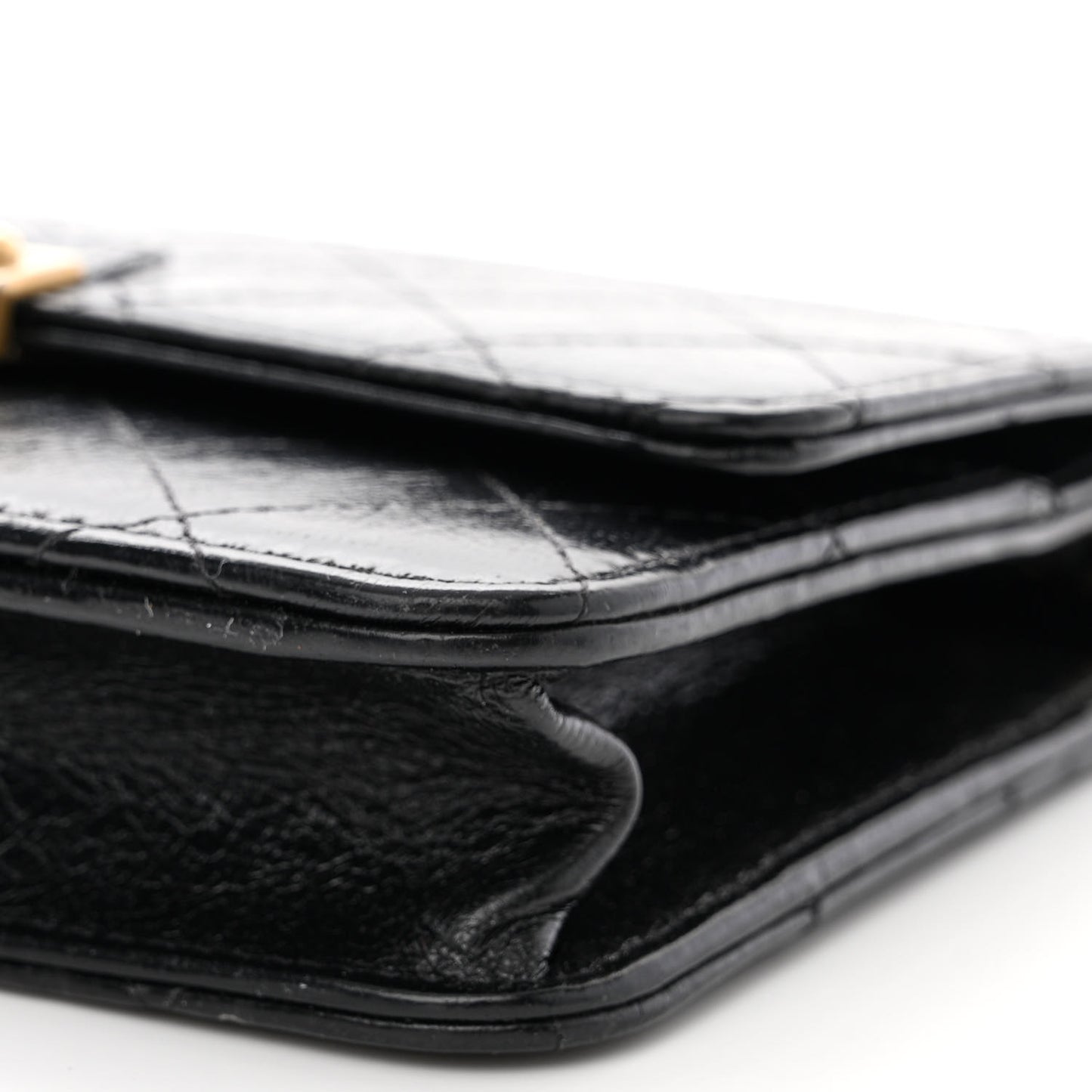 Aged Glazed Calfskin Stitched Golden Class CC Wallet on Chain WOC Black