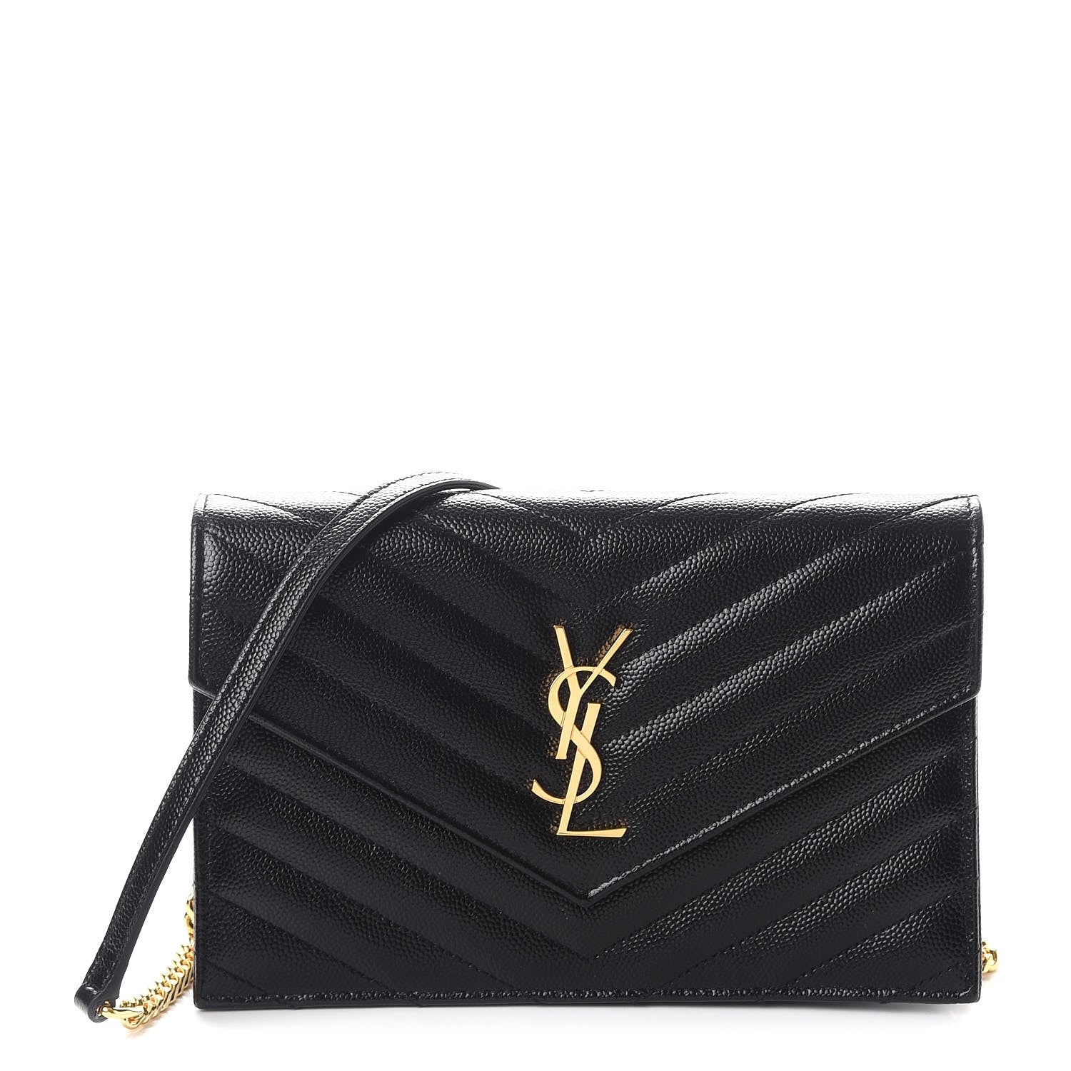 Saint Laurent Grain De Poudre Matelasse Chevron Monogram Envelope Chain Wallet Black 1 of 8
