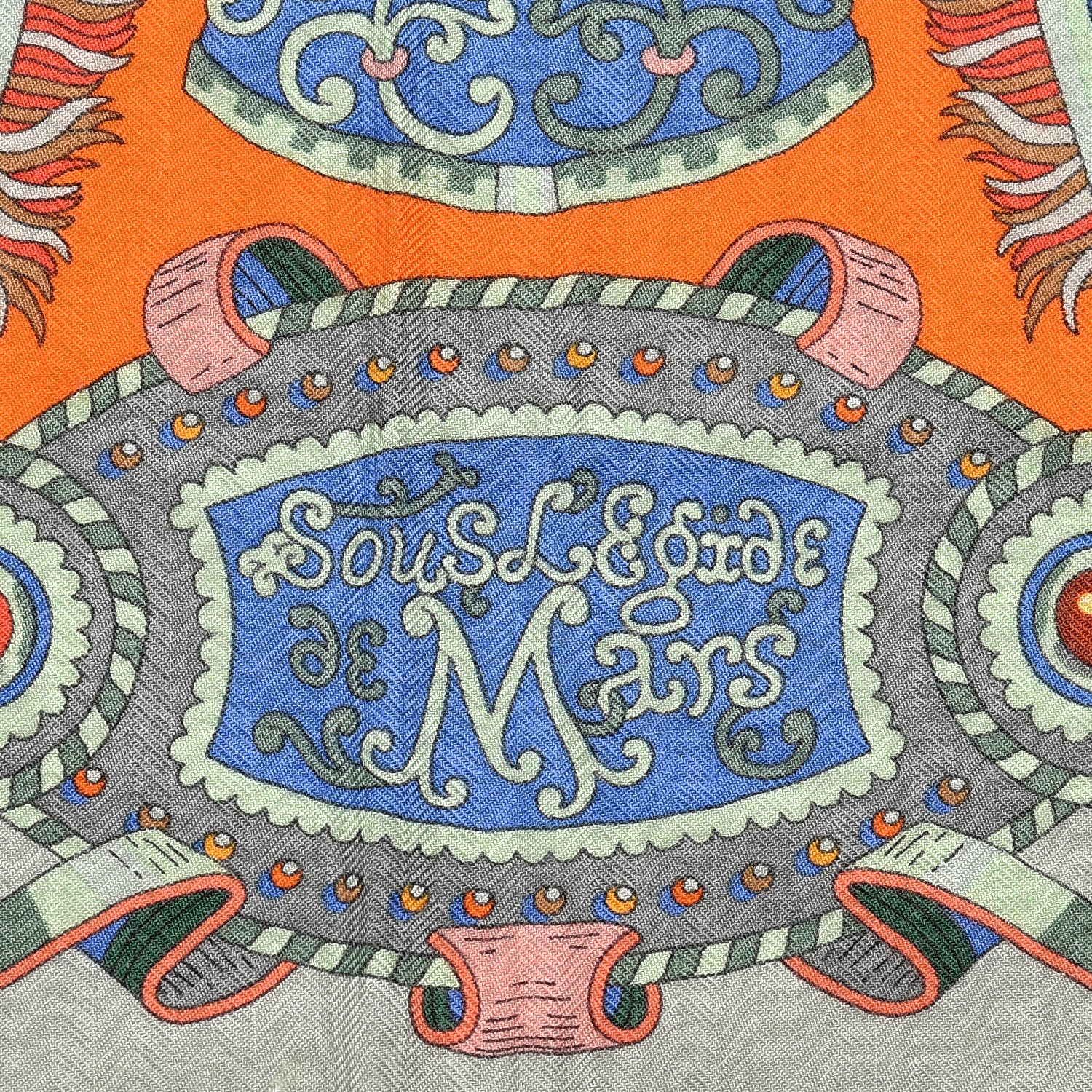 Hermes Cashmere Silk Sous L'Egide De Mars Shawl 140 Orange Bronze Bleu 4 of 6