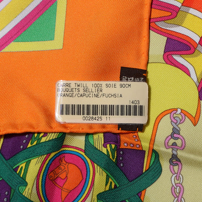 Hermes Silk Bouquets Sellier Scarf 90 Orange Capucine Fuchsia 6 of 6