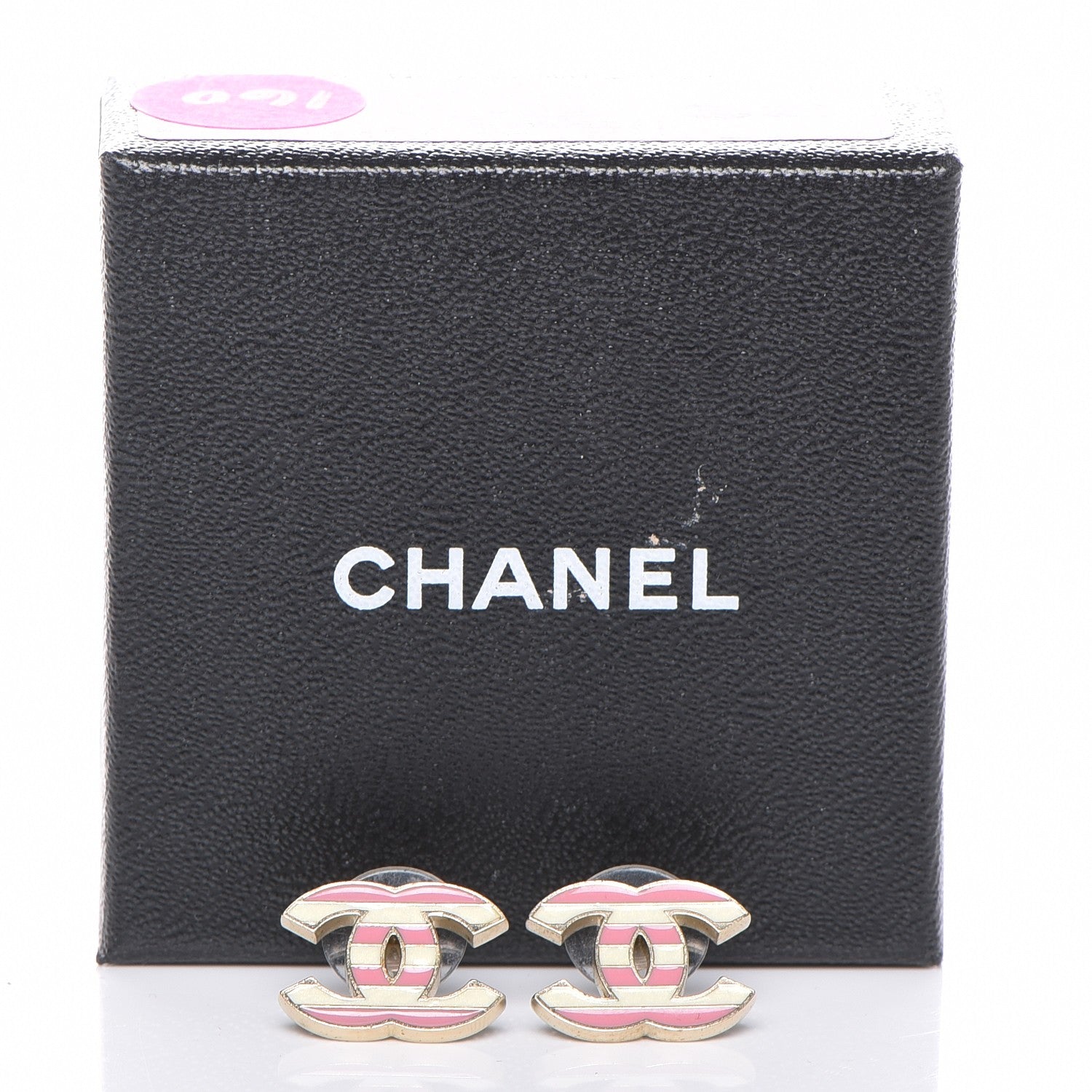 Chanel Enamel Striped CC Earrings Pink White Gold 5 of 5
