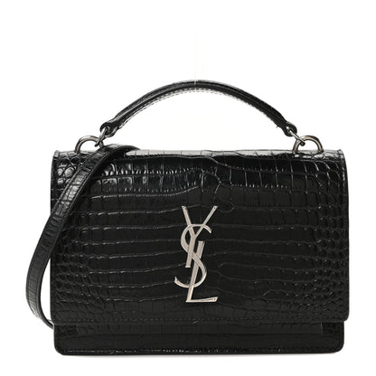 Saint Laurent Calfskin Crocodile Embossed Monogram Sunset Top Handle Chain Wallet Black 1 of 9