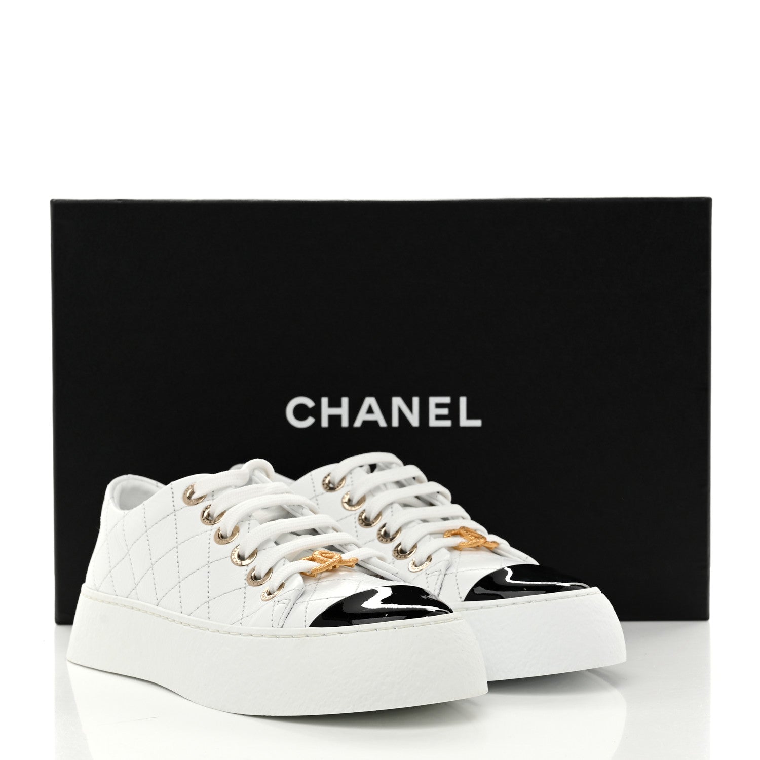 Chanel Crumpled Lambskin Patent Cap Toe CC Stitched Sneakers 35.5 White Black 10 of 10