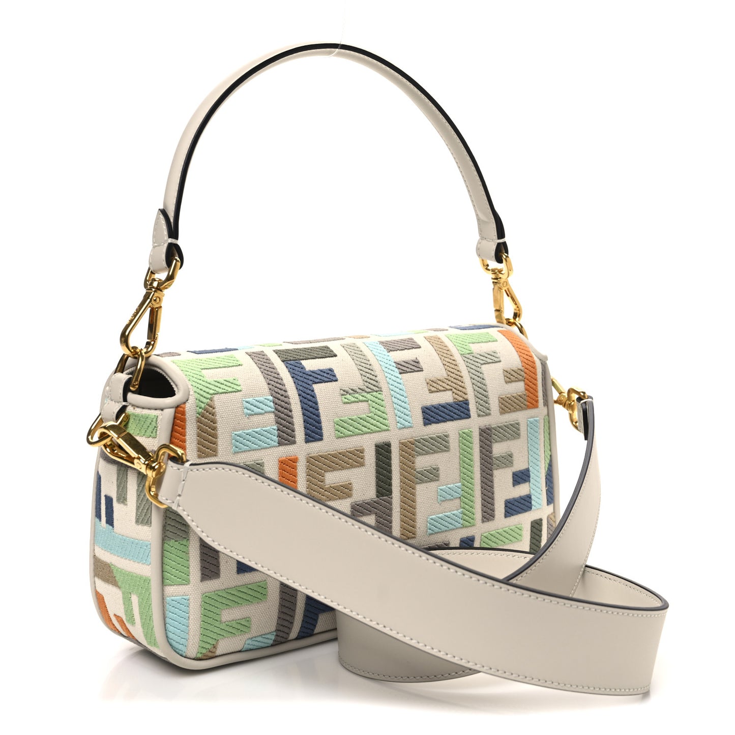 Canvas Vitello Seta FF Multicolor Embroidered Baguette Grezzo Multicolor Latte