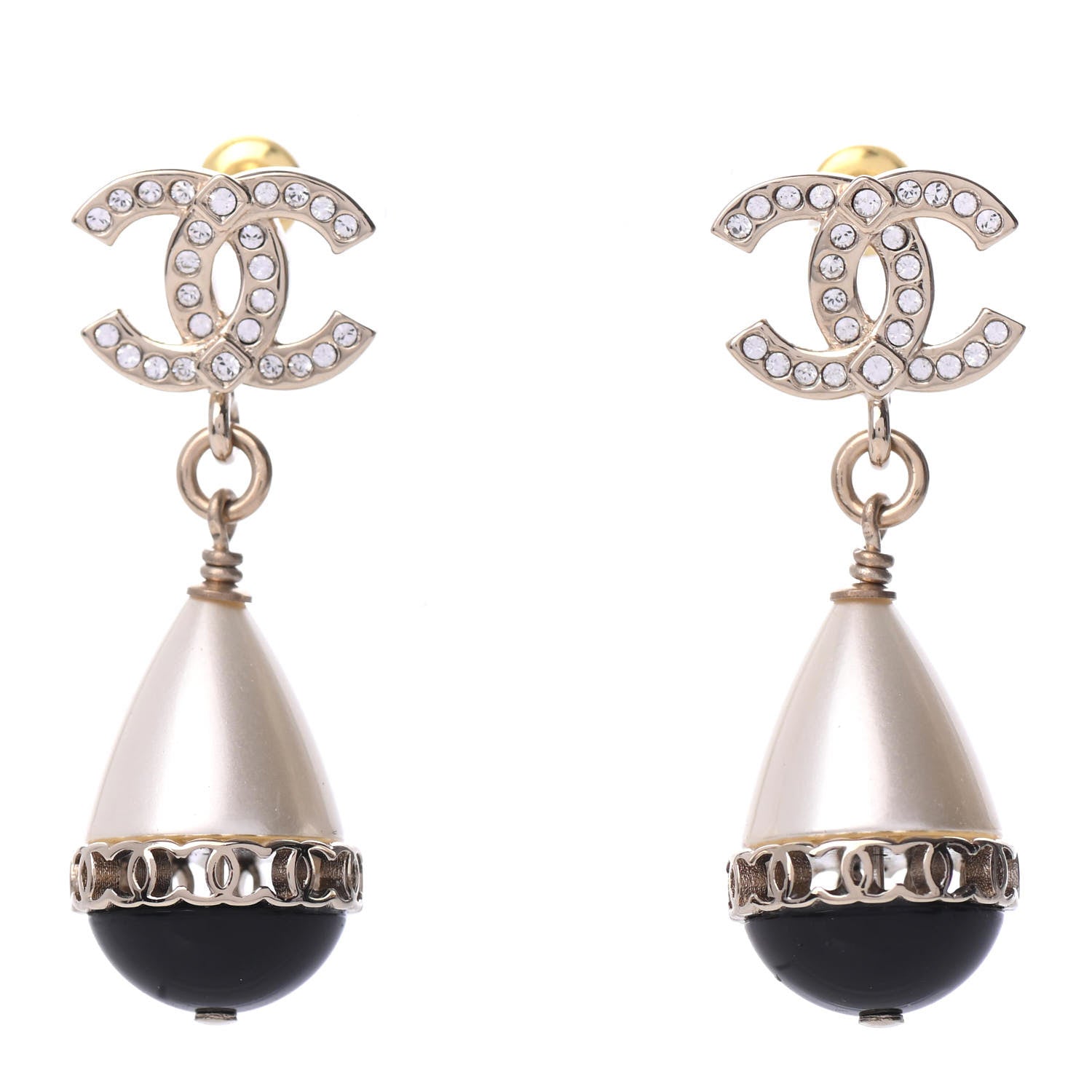 Chanel Crystal Pearl CC Fantasy Drop Earrings Gold Black 1 of 5