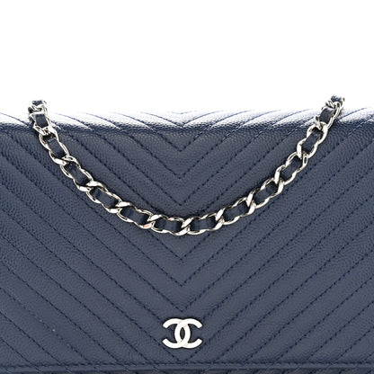 Chanel Caviar Chevron Quilted Wallet On Chain WOC Navy 9 of 13