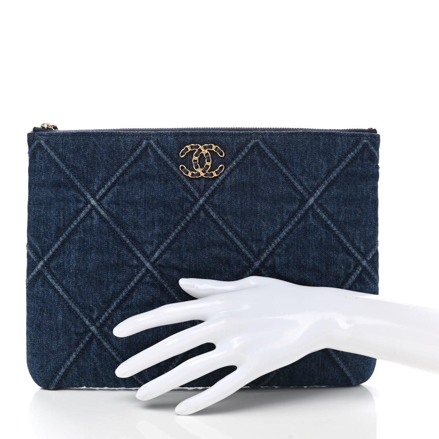 Denim Quilted Large Chanel 19 Pouch Dark Blue