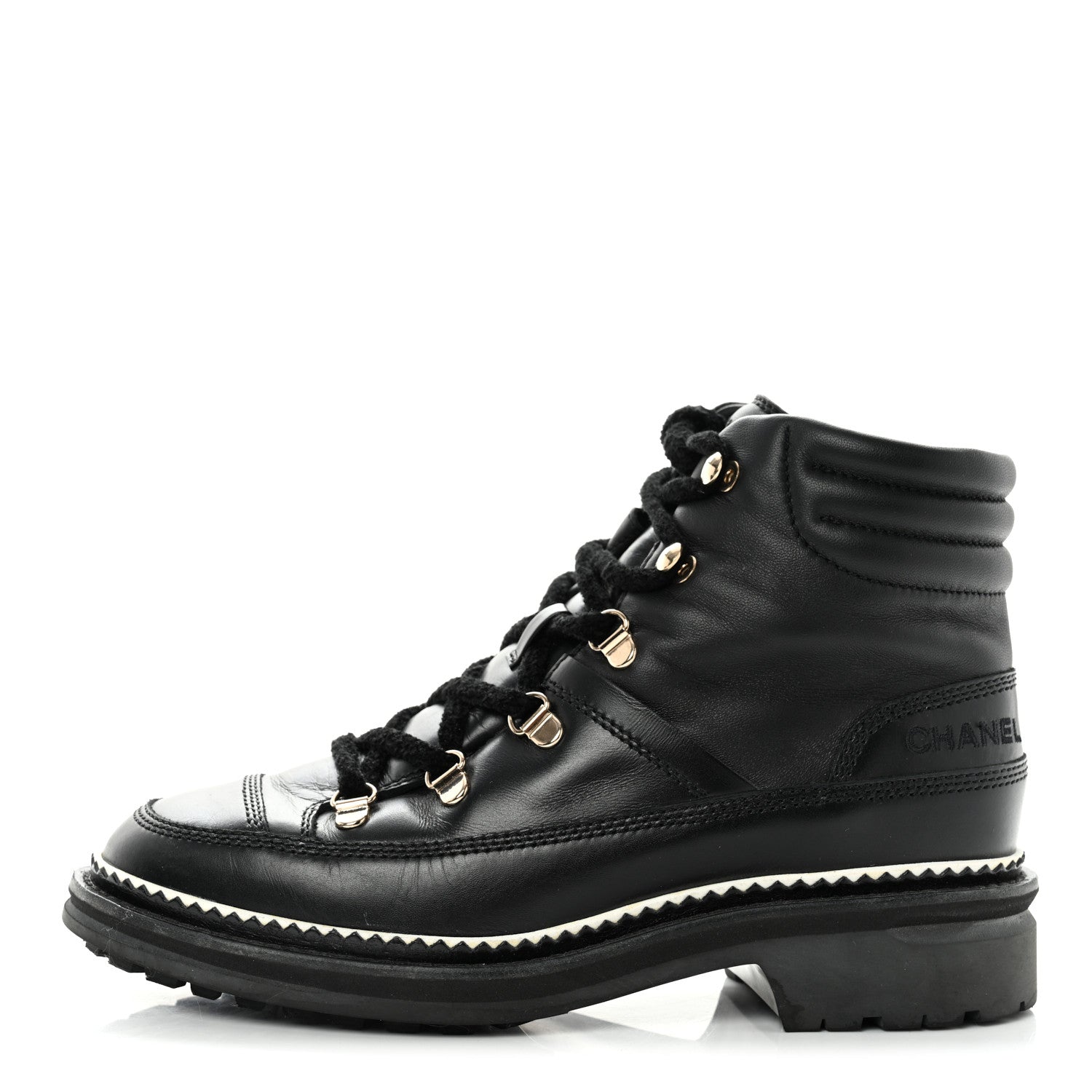 Chanel Calfskin Lambskin Lace Up Boots 37.5 Black 1 of 9