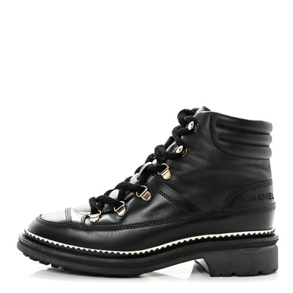 Chanel Calfskin Lambskin Lace Up Boots 37.5 Black 1 of 9