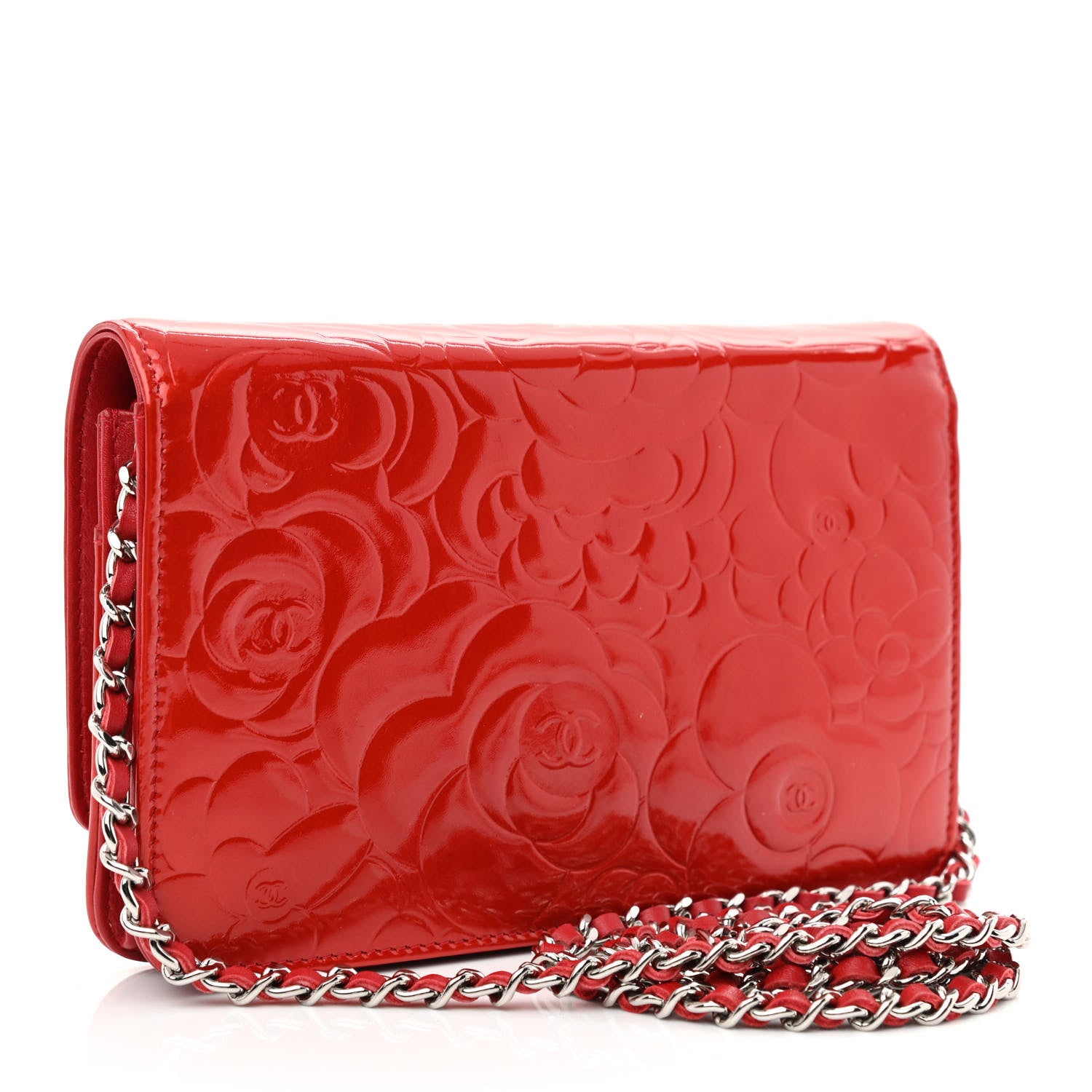 Chanel Patent Camellia Embossed Wallet On Chain WOC Dark Red 3 of 12