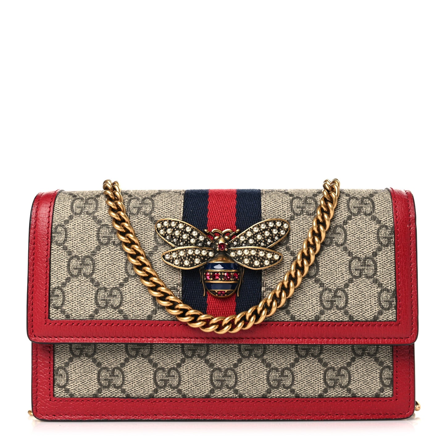GG Supreme Monogram Web Queen Margaret Chain Wallet Red