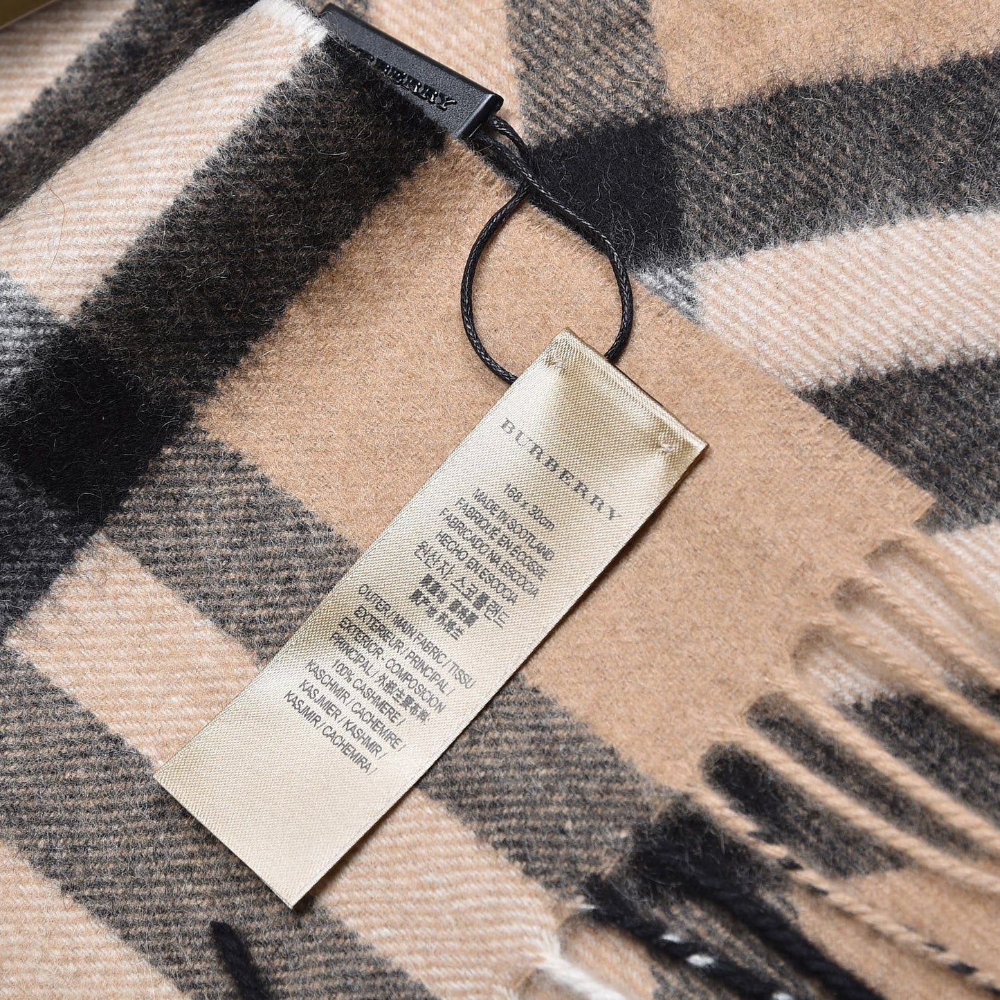 Cashmere Giant Check Fringe Scarf Camel
