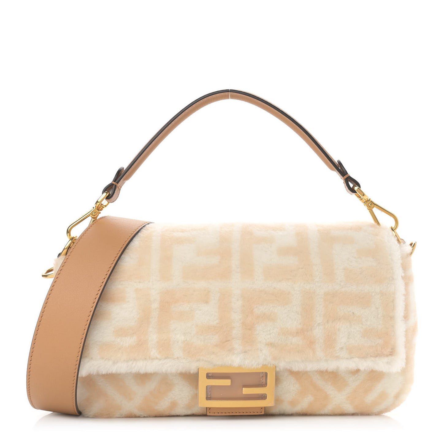 Shearling Vitello Dolce Macro FF 1974 Baguette White Ice Cuoio Miele Scuro
