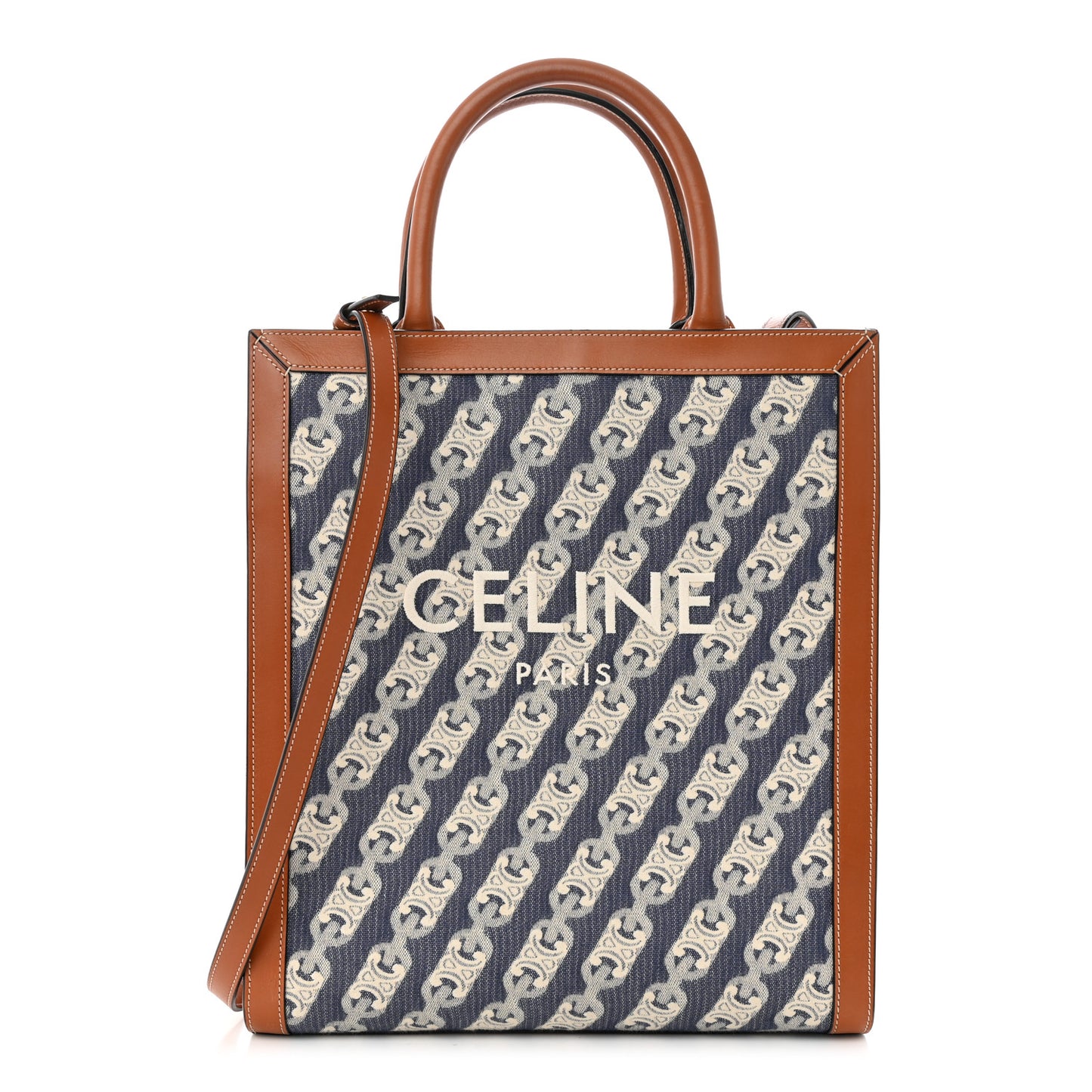 Maillon Triomphe Canvas Calfskin Small Vertical Cabas Navy Tan